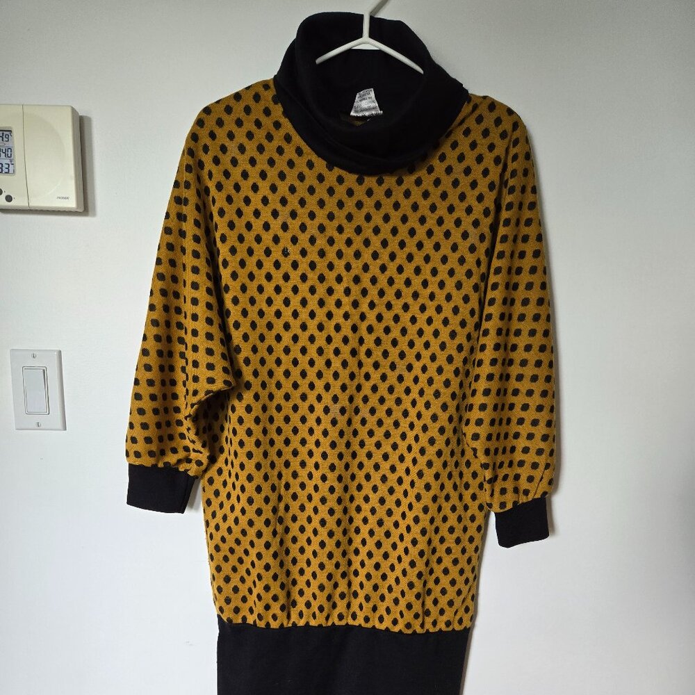 Retro Polka Dot Orange Black Mini Dress ,Turtle Neck - great for fall & winter